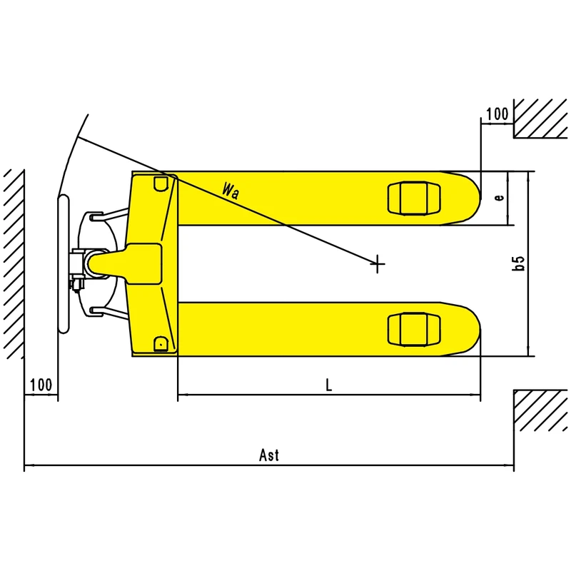 Vedere de sus cu dimensiunile transpaletului manual RPV-KV